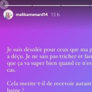 Malika Ménard s'explique sur Instagram le 4 janvier 2021, après son passage dans l'émission "Tous en cuisine", sur M6, le 29 décembre dernier.