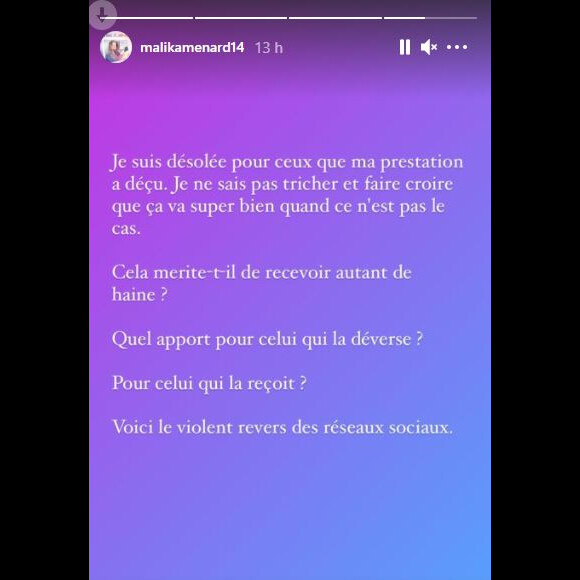 Malika Ménard s'explique sur Instagram le 4 janvier 2021, après son passage dans l'émission "Tous en cuisine", sur M6, le 29 décembre dernier.