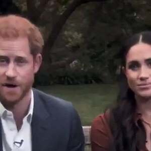 Le prince Harry, duc de Sussex, et Meghan Markle, duchesse de Sussex en pleine interview pour TIME 100 television ABC. Le 23 septembre 2020.