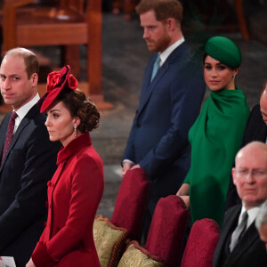 Le prince William, duc de Cambridge, et Catherine (Kate) Middleton, duchesse de Cambridge, Le prince Harry, duc de Sussex, Meghan Markle, duchesse de Sussex - La famille royale d'Angleterre lors de la cérémonie du Commonwealth en l'abbaye de Westminster à Londres. Le 9 mars 2020.