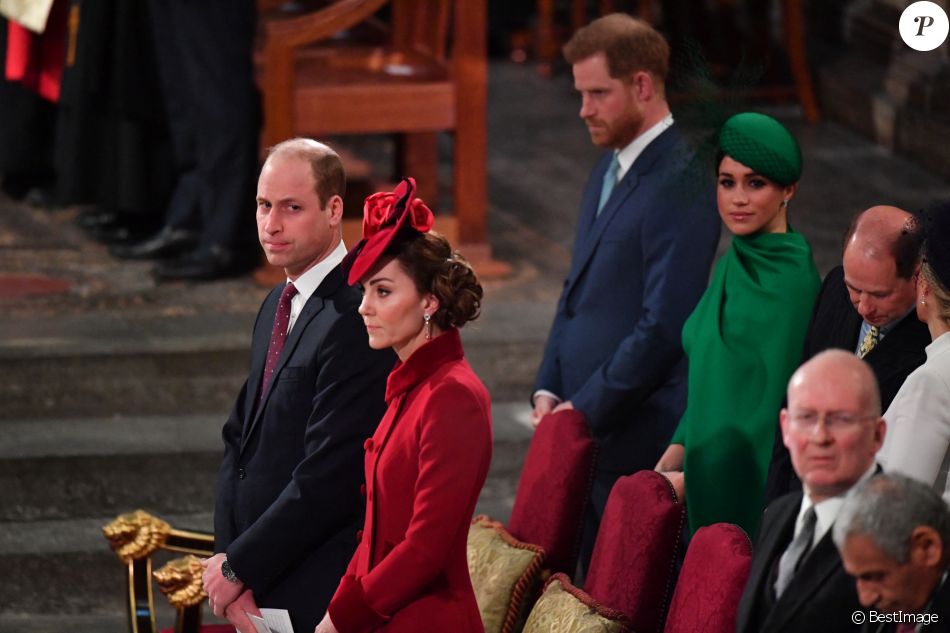 Le prince William, duc de Cambridge, et Catherine (Kate) Middleton, duchesse de Cambridge, Le prince Harry, duc de Sussex, Meghan Markle, duchesse de Sussex - La famille royale d'Angleterre lors de la cérémonie du Commonwealth en l'abbaye de Westminster à Londres. Le 9 mars 2020.