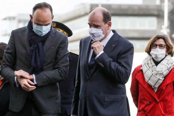 Le premier ministre Jean Castex visite l'école normale supérieur maritime au Havre en compagnie de Edouard Philippe, maire du Havre le 22 janvier 2021. © Stéphane Lemouton / Bestimage