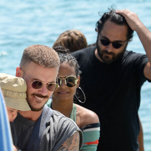 Exclusif - Matt Pokora (M. Pokora) profite de la plage du Martinez et de la navette du palace, avec sa compagne Christina Milian et leur fille Isaiah, pour fuir la foule et se réfugier sur les îles au large de Cannes. Le 22 juillet 2020.