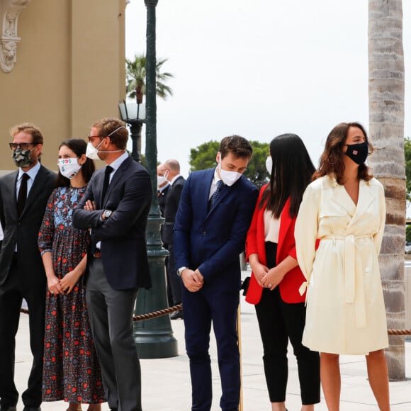 La princesse Stéphanie de Monaco, Andrea et sa femme Tatiana Casiraghi, Pierre Casiraghi, Louis et sa femme Marie Ducruet, Pauline Ducruet, Camille Gottlieb et Gareth Wittstock - Le mardi 2 juin 2020 à Monaco, ce jour marque l'inauguration par le couple princier de la nouvelle architecture de la Place du Casino et la réouverture simultanée de l'emblématique Brasserie du Café de Paris Monte-Carlo, fermée suite à la crise sanitaire liée à l'épidémie de Coronavirus (Covid-19). © Claudia Albuquerque / Bestimage