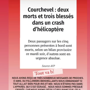 Diego El Glaoui et Iris Mittenaere rassurent leurs fans après un crash d'hélicoptère, le 10 février 2021