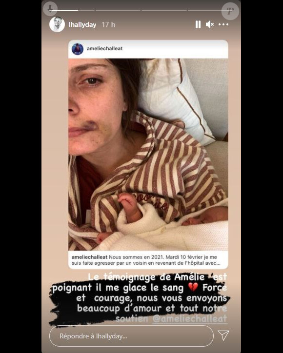 Laeticia Hallyday bouleversée par le témoignage d'Amelie Challeat sur Instagram, agressée par un voisin alors qu'elle était avec son bébé.