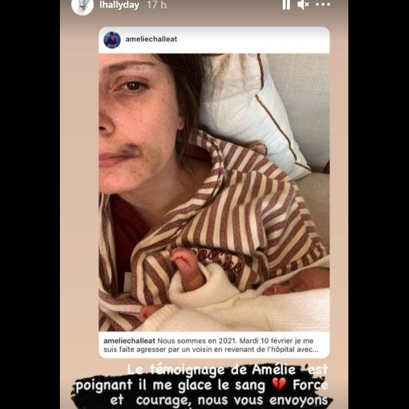 Laeticia Hallyday bouleversée par le témoignage d'Amelie Challeat sur Instagram, agressée par un voisin alors qu'elle était avec son bébé.