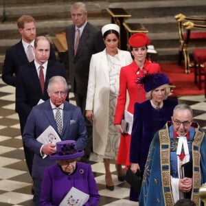 La reine Elisabeth II d'Angleterre, le prince Charles, prince de Galles, et Camilla Parker Bowles, duchesse de Cornouailles, le prince William, duc de Cambridge, et Catherine (Kate) Middleton, duchesse de Cambridge, le prince Harry, duc de Sussex, et Meghan Markle, duchesse de Sussex, enceinte, - La famille royale britannique à la messe en l'honneur de la journée du Commonwealth à l'abbaye de Westminster à Londres, Royaume Uni, le 11 mars 2019.