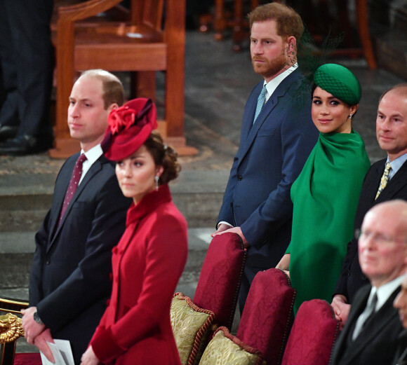 Le prince William, duc de Cambridge, et Catherine (Kate) Middleton, duchesse de Cambridge, Le prince Harry, duc de Sussex, Meghan Markle, duchesse de Sussex - La famille royale d'Angleterre lors de la cérémonie du Commonwealth en l'abbaye de Westminster à Londres, mars 2020.