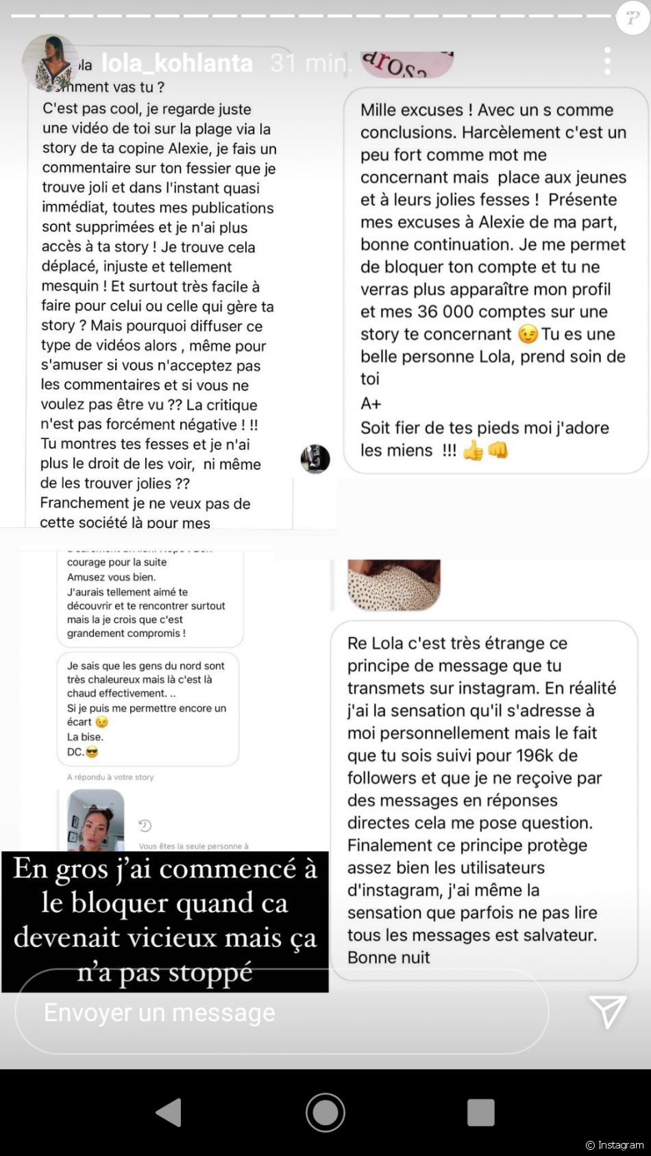 Lola de "Koh-Lanta" victime d'un fan vicieux et psychopathe, elle raconte en story Instagram, le 13 avril 2021