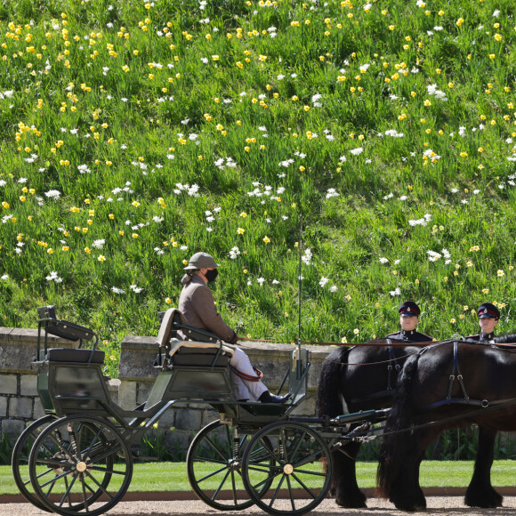 La calèche du prince Philip, duc d'Edimbourg, et ses deux chevaux Balmoral Nevis et Notlaw Storm - Arrivées aux funérailles du prince Philip, duc d'Edimbourg à la chapelle Saint-Georges du château de Windsor, le 17 avril 2021.