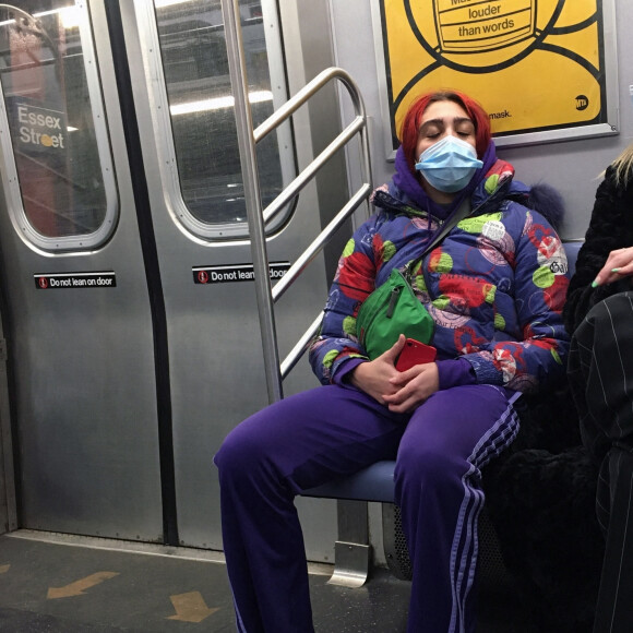 Lourdes Leon, cheveux rouges, fait un trajet en métro avec un ami à New York le 20 janvier 2021.