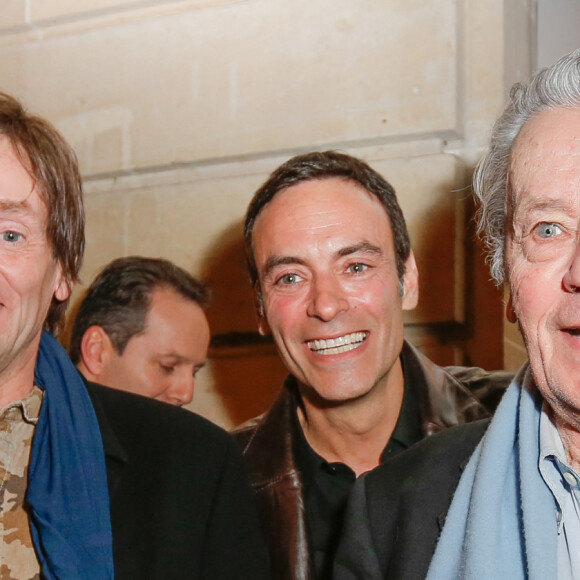 Exclusif - Pierre Palmade, Anthony Delon et son père Alain Delon - Lancement de la marque de vêtements de cuir "Anthony Delon 1985" chez Montaigne Market à Paris. Le 7 mars 2017 © Philippe Doignon / Bestimage