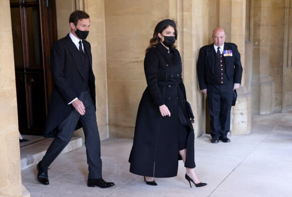 La princesse Eugenie d'York et son mari Jack Brooksbank - Arrivées aux funérailles du prince Philip, duc d'Edimbourg à la chapelle Saint-Georges du château de Windsor, le 17 avril 2021.
