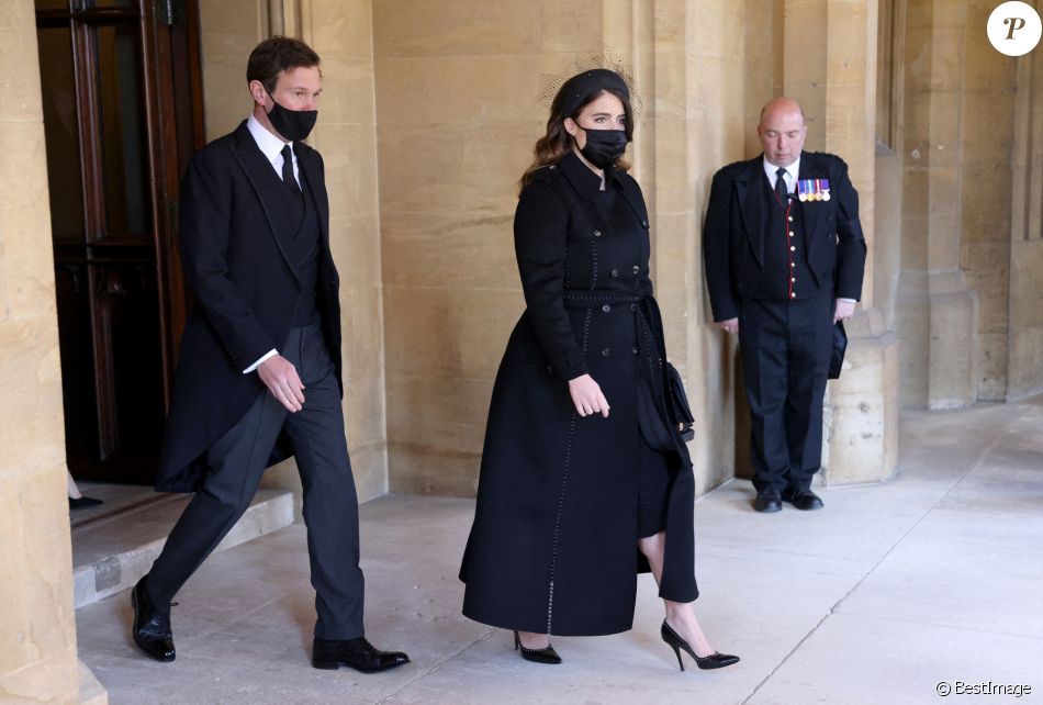 La princesse Eugenie d'York et son mari Jack Brooksbank - Arrivées aux funérailles du prince Philip, duc d'Edimbourg à la chapelle Saint-Georges du château de Windsor, le 17 avril 2021.