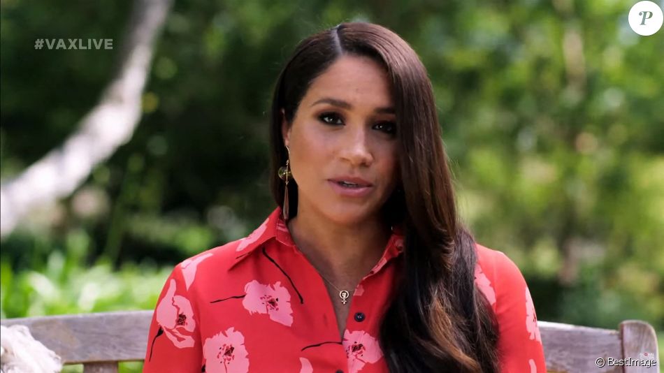 Meghan Markle, enceinte, s'adresse dans un message vidéo à l'assistance du concert caritatif Vax Live à Los Angeles, le 8 mai 2021. Ce concert, organisé pour fêter l'espoir apporté par le vaccin contre le coronavirus (Covid-19), rassemble de nombreuses personnalités telles que Eddie Vedder, le Prince Harry, S. Gomez, C. Teigen, D. Letterman, B. Affleck, J. Kimmel, S. Penn and O. Munn, Brian Johnson du groupe AC/DC.