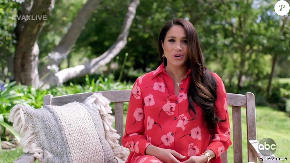Capture d'écran de Meghan Markle (enceinte), duchesse de Sussex, dans une vidéo pré-enregistrée pour le concert caritatif "Vax Live" en faveur de la vaccination contre le Coronavirus (COVID-19) à Los Angeles. Le 8 mai 2021