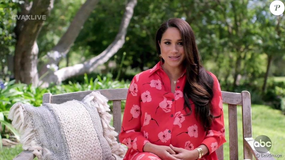 Capture d'écran de Meghan Markle (enceinte), duchesse de Sussex, dans une vidéo pré-enregistrée pour le concert caritatif "Vax Live" en faveur de la vaccination contre le Coronavirus (COVID-19) à Los Angeles. Le 8 mai 2021