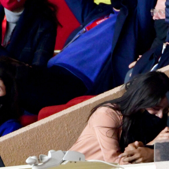 Tony Parker et Alizé Lim ont assisté à la rencontre de football opposant Monaco à Lyon au Stade Louis II de Monaco. Lyon a battu Monaco par 3 buts à 2. Le 2 mai 2021. © Bruno Bebert / Bestimage