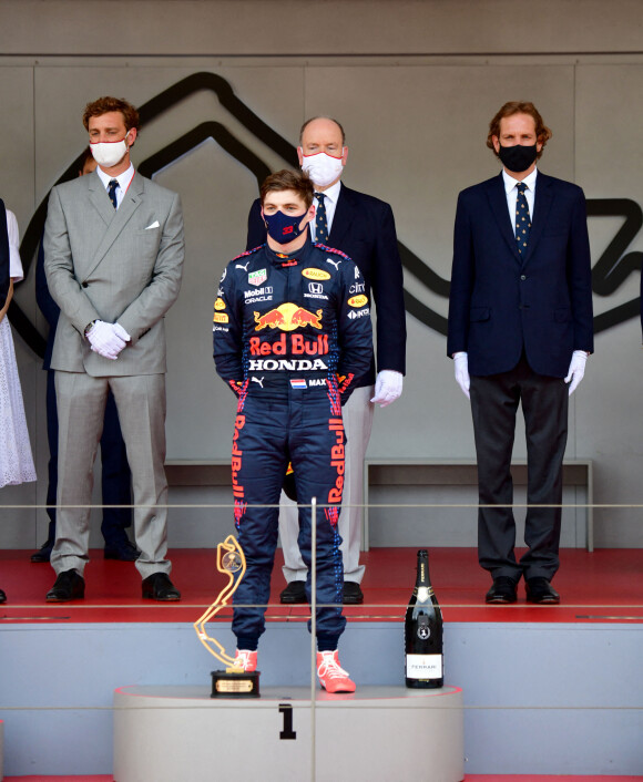 Pierre Casiraghi, le prince Albert II de Monaco, Andrea Casiraghi, Max Verstappen - Podium du 78ème Grand Prix de F1 de Monaco le 23 mai 2018. Bruno Bebert/Bestimage 