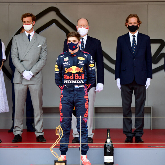 Pierre Casiraghi, le prince Albert II de Monaco, Andrea Casiraghi, Max Verstappen - Podium du 78ème Grand Prix de F1 de Monaco le 23 mai 2018. Bruno Bebert/Bestimage 