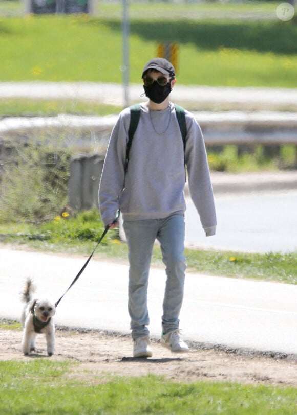 Exclusif - Elliot Page promène son chien avec un ami à Toronto le 6 mai 2021. 
