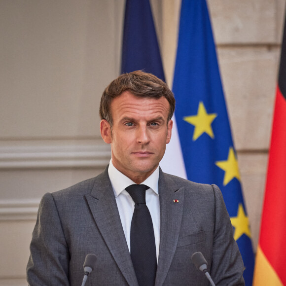 Le président de la République française, Emmanuel Macron et la chancelière allemande lors d'une conférence de presse conjointe en visioconférence au palais de l'Elysée à Paris, France, le 31 mai 2021. © Cyril Moreau/Bestimage