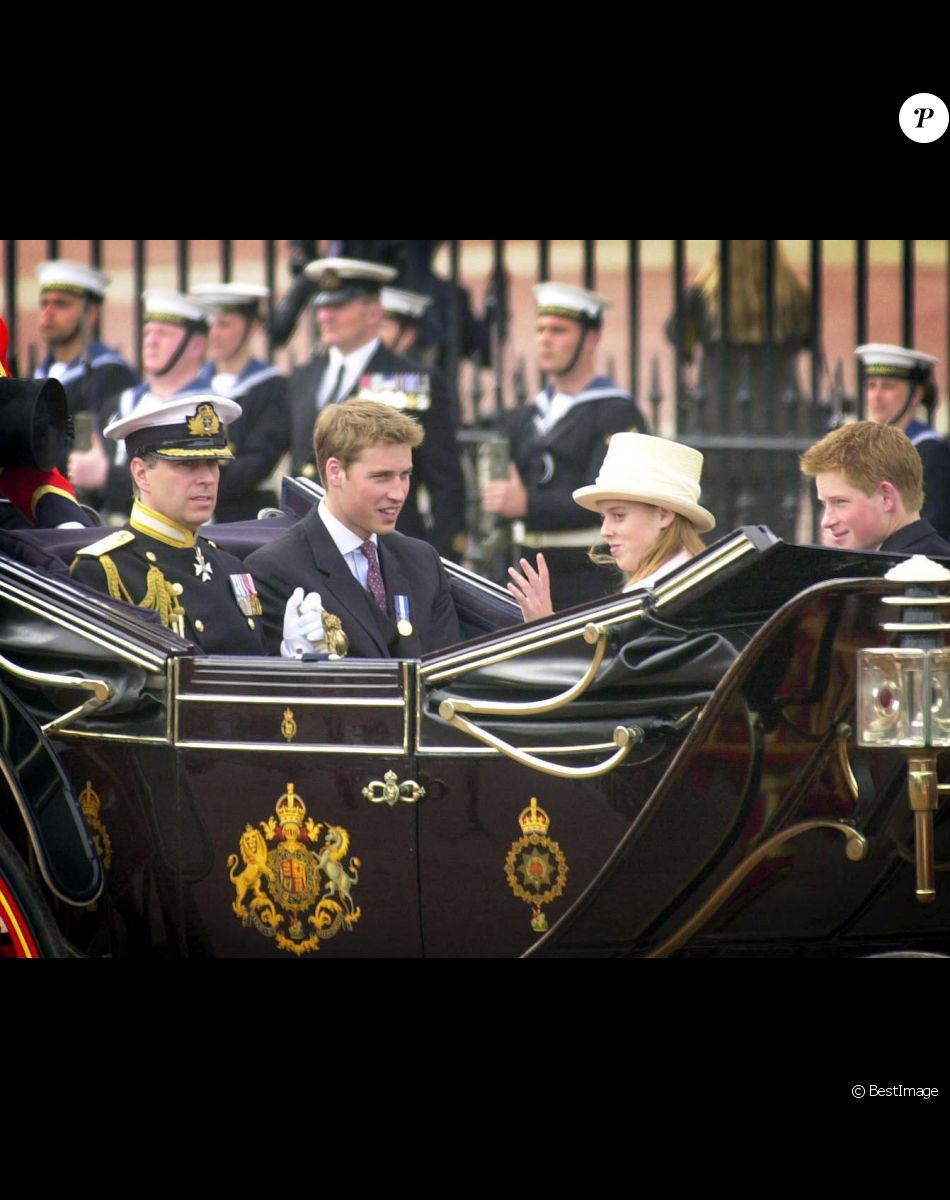 Le prince Andrew, le prince William, le prince Harry et la princesse Beatrice lors des célébrations pour le jubilé d'or de la reine Elizabeth II en 2002.