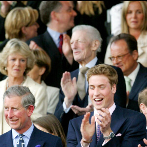 Le prince Charles, le prince William et le prince Harry avec le reste de la famille royale au palais de Buckingham pour célébrer le jubilé d'or d'Elizabeth II en 2002.