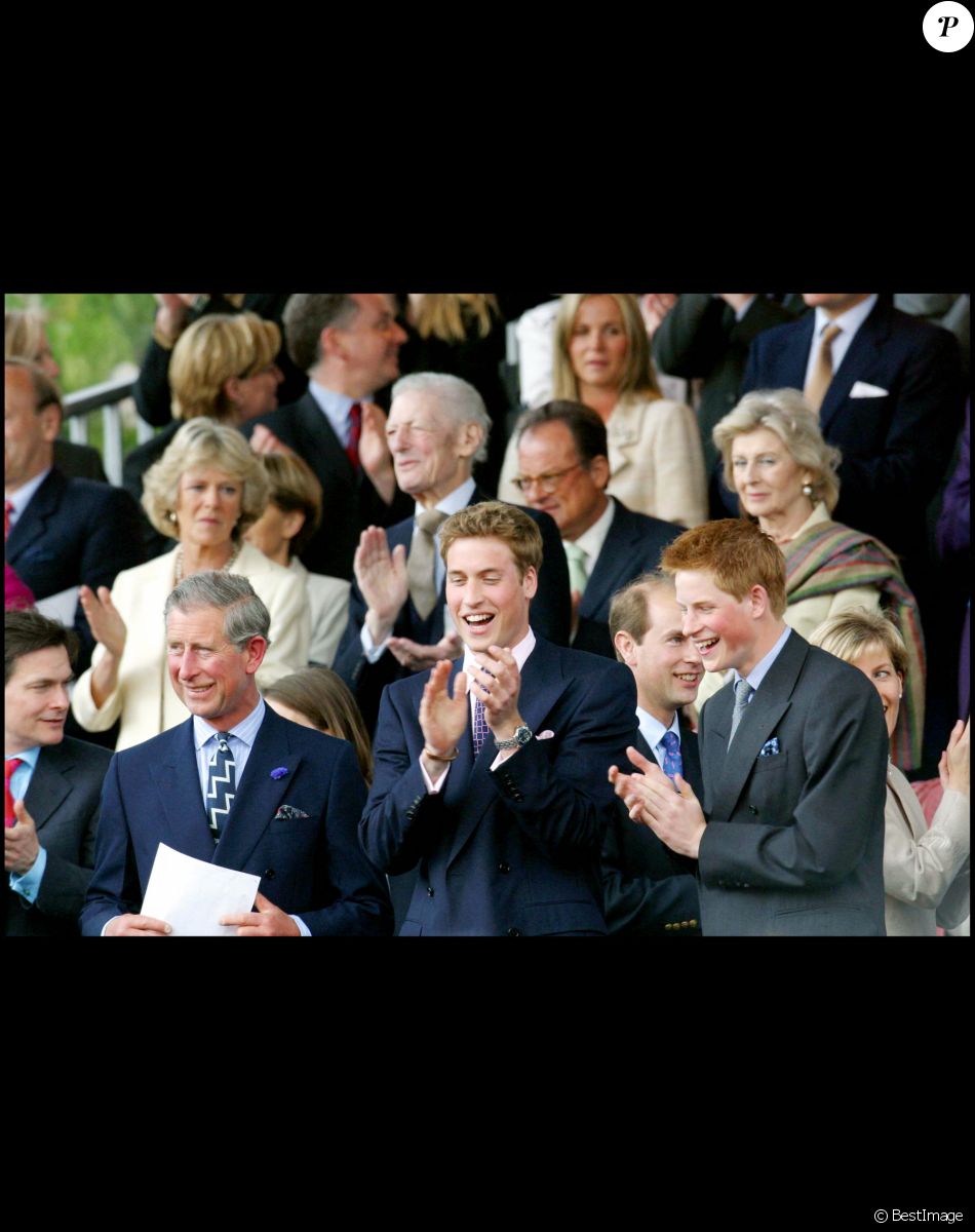 Le prince Charles, le prince William et le prince Harry avec le reste de la famille royale au palais de Buckingham pour célébrer le jubilé d'or d'Elizabeth II en 2002.