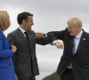 Le Premier ministre Boris Johnson lors de l'accueil officiel du président français Emmanuel Macron et sa femme la Première Dame Brigitte Macron lors du sommet des dirigeants du G7 à Carbis Bay, Royaume Uni, le 11 juin 2021. 