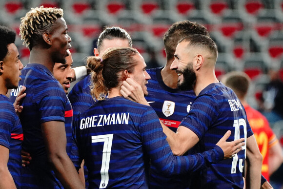 Joie - Antoine Griezmann (France) - Karim Benzema (France) - Paul Pogba (France) lors du match amical de préparation de l'UEFA Euro 2020 "France - Pays de Galles (3-1)" au stade Allianz Riviera à Nice, le 2 juin 2021.