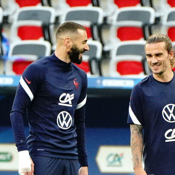 Karim Benzema (France) - Antoine Griezmann (France) - Kylian MBappe (France) lors du match amical de préparation de l'UEFA Euro 2020 "France - Pays de Galles (3-1)" au stade Allianz Riviera à Nice, le 2 juin 2021.