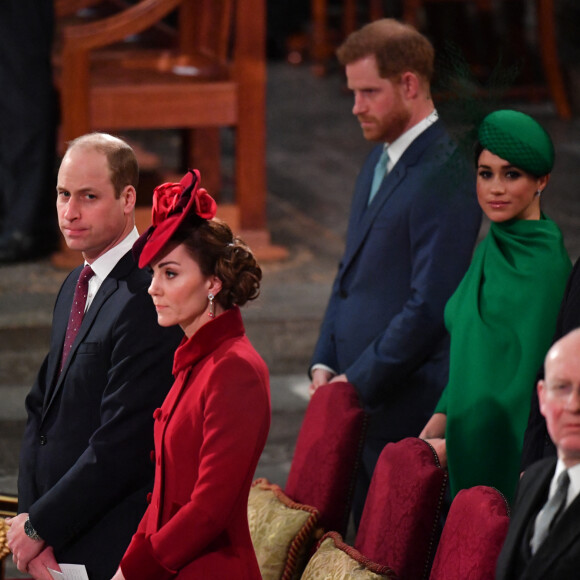 Le prince William, duc de Cambridge, et Catherine (Kate) Middleton, duchesse de Cambridge, Le prince Harry, duc de Sussex, Meghan Markle, duchesse de Sussex - La famille royale d'Angleterre lors de la cérémonie du Commonwealth en l'abbaye de Westminster à Londres, peu avant le départ des Sussex pour la Californie.