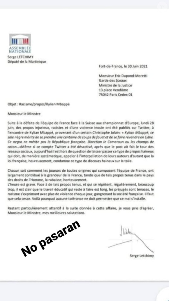 Harry Roselmack a partagé la lettre du député de la Martinique, Serge Letchimy, à l'intention du Garde des Sceaux Eric Dupond-Moretti. Juillet 2021