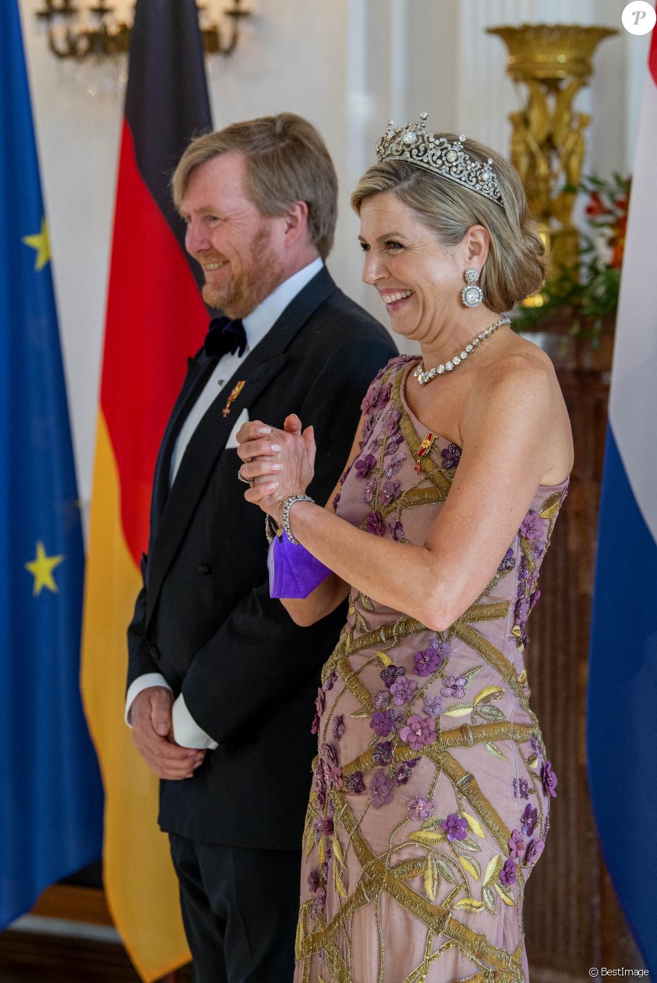Le roi Willem-Alexander et la reine Maxima des Pays-Bas lors du dîner d'Etat organisé en leur honneur au Château de Bellevue, dans le cadre de leur visite officielle de 3 jours en Allemagne. Berlin, le 5 juillet 2021.