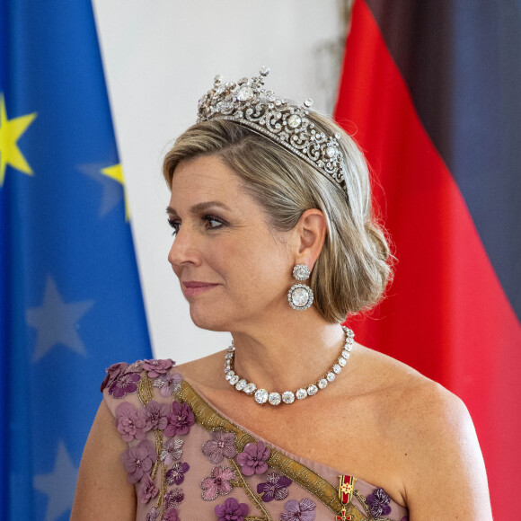 Le roi Willem-Alexander et la reine Maxima des Pays-Bas lors du dîner d'Etat organisé en leur honneur au Château de Bellevue, dans le cadre de leur visite officielle de 3 jours en Allemagne. Berlin, le 5 juillet 2021.