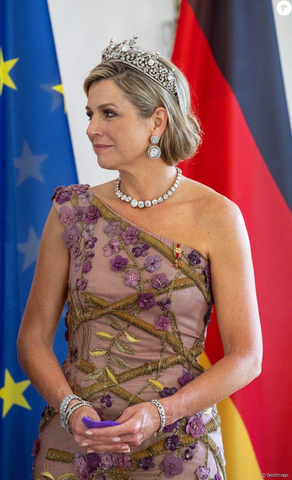 Le roi Willem-Alexander et la reine Maxima des Pays-Bas lors du dîner d'Etat organisé en leur honneur au Château de Bellevue, dans le cadre de leur visite officielle de 3 jours en Allemagne. Berlin, le 5 juillet 2021.