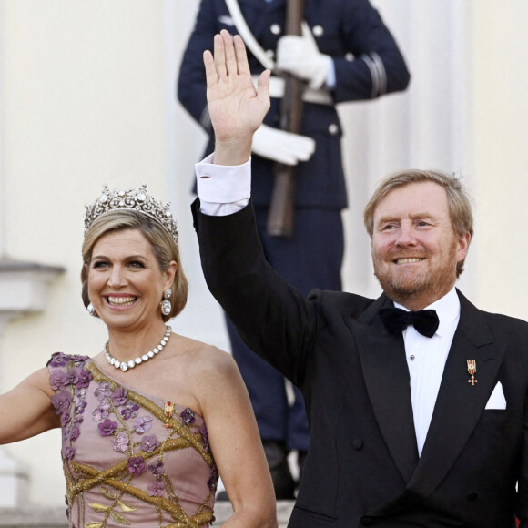 Le roi Willem-Alexander et la reine Maxima des Pays-Bas lors du dîner d'Etat organisé en leur honneur au Château de Bellevue, dans le cadre de leur visite officielle de 3 jours en Allemagne. Berlin, le 5 juillet 2021.