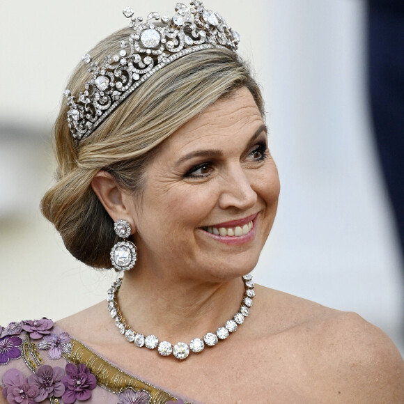 Le roi Willem-Alexander et la reine Maxima des Pays-Bas lors du dîner d'Etat organisé en leur honneur au Château de Bellevue, dans le cadre de leur visite officielle de 3 jours en Allemagne. Berlin, le 5 juillet 2021.