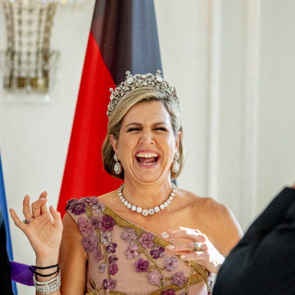 Le roi Willem-Alexander et la reine Maxima des Pays-Bas lors du dîner d'Etat organisé en leur honneur au Château de Bellevue, dans le cadre de leur visite officielle de 3 jours en Allemagne. Berlin, le 5 juillet 2021.