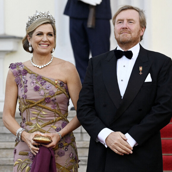 Le roi Willem-Alexander et la reine Maxima des Pays-Bas lors du dîner d'Etat organisé en leur honneur au Château de Bellevue, dans le cadre de leur visite officielle de 3 jours en Allemagne. Berlin, le 5 juillet 2021.