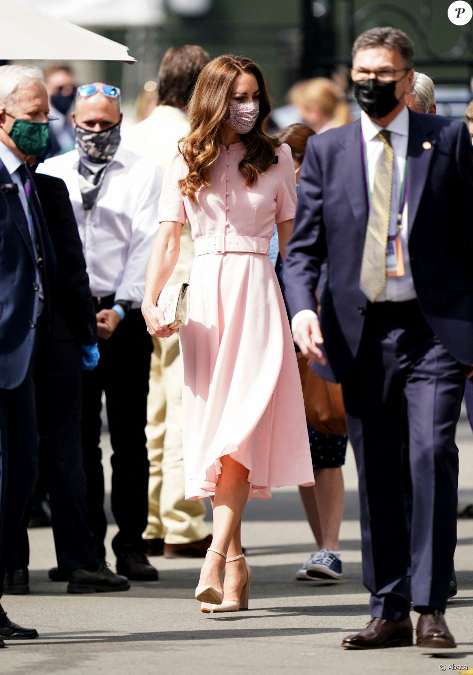 Kate Middleton, visage masquée, arrive à Wimbledon pour assister à la finale simple messieurs handicapés de Wimbledon, entre Joachim Gerard et Gordon Reid. Londres, le 11 juillet 2021.