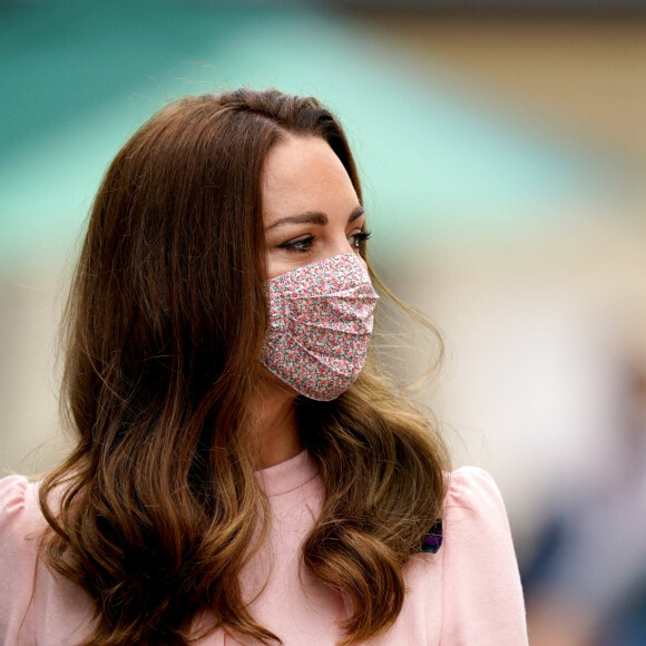Kate Middleton, visage masquée, arrive à Wimbledon pour assister à la finale simple messieurs handicapés de Wimbledon, entre Joachim Gerard et Gordon Reid. Londres, le 11 juillet 2021.