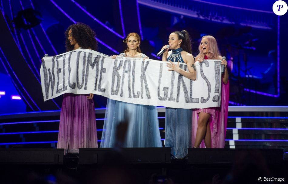 Geri Halliwell, Melanie Brown (Mel B), Melanie Chisholm (Mel C) et Emma Bunton - Les Spice Girls en concert au Stade de Wembley dans le cadre de leur tournée "Spice World UK Tour". Londres, le 20 juin 2019.