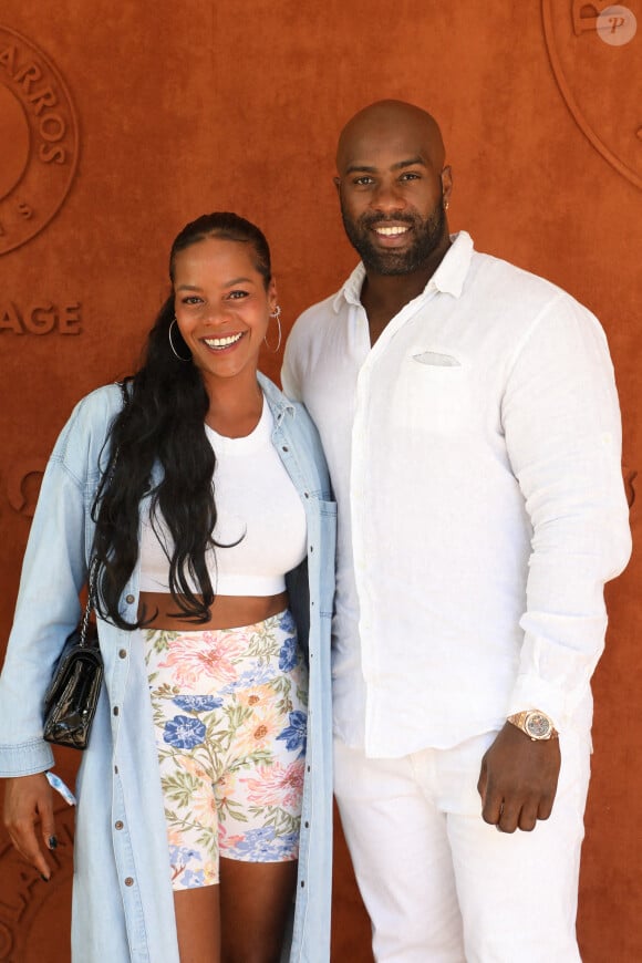 Teddy Riner et sa femme Luthna Plocus au village lors des internationaux de France Roland Garros à Paris le 13 juin 2021. © Dominique Jacovides / Bestimage