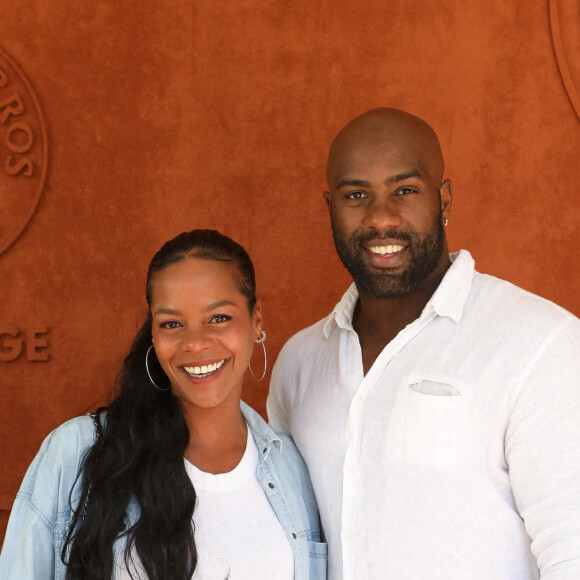 Teddy Riner et sa femme Luthna Plocus au village lors des internationaux de France Roland Garros à Paris le 13 juin 2021. © Dominique Jacovides / Bestimage