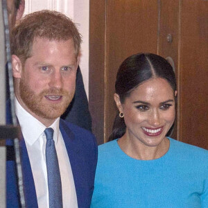 Le prince Harry, duc de Sussex, et Meghan Markle, duchesse de Sussex à la sortie de la cérémonie des Endeavour Fund Awards au Mansion House à Londres, Royaume Uni, le 5 mars 2020.