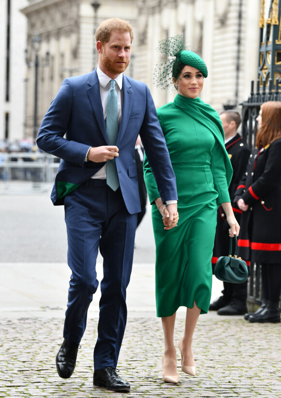 Le prince Harry, duc de Sussex, et Meghan Markle, duchesse de Sussex à son arrivée à la cérémonie du Commonwealth en l'abbaye de Westminster à Londres. Le 9 mars 2020