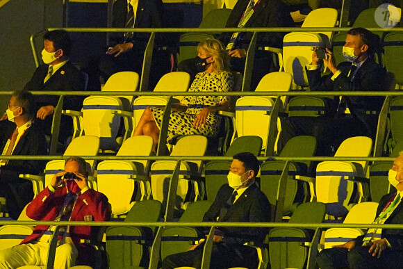 Jill Biden, Emmanuel Macron, Prince Albert de Monaco lors de la cérémonie d'ouverture des Jeux olympiques de Tokyo 2020 au stade Olympique le 23 juillet 2021.. Photo: Michael Kappeler/DPA/ABACAPRESS.COM